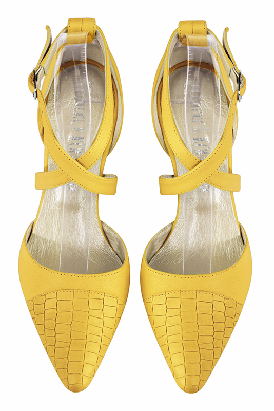 Yellow women's open side shoes, with crossed straps. Tapered toe. High slim heel. Top view - Florence KOOIJMAN
